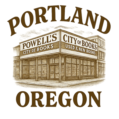 A typographic, nostalgic graphic of a typographic illustration of the words 'portland, oregon' with a vintage line art drawing of powell’s city of books – a t-shirt design