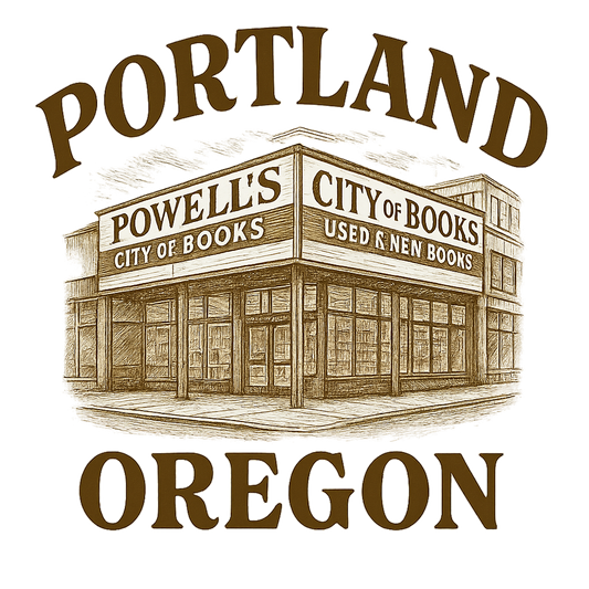 A typographic, nostalgic graphic of a typographic illustration of the words 'portland, oregon' with a vintage line art drawing of powell’s city of books – a t-shirt design