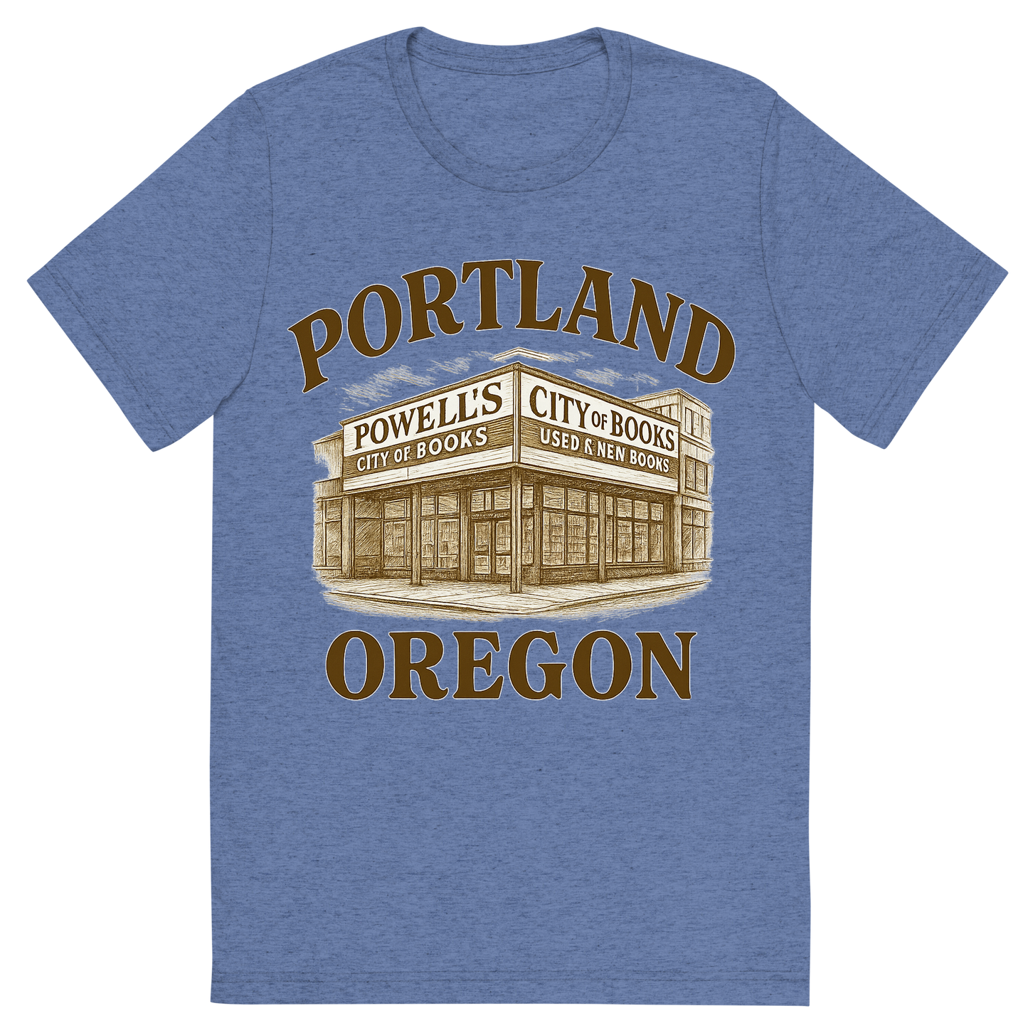 Front view of a Premium Tri-Blend Crew Neck T-Shirt in Blue showing 'A typographic, nostalgic graphic of a typographic illustration of the words 'portland, oregon' with a vintage line art drawing of powell’s city of books'