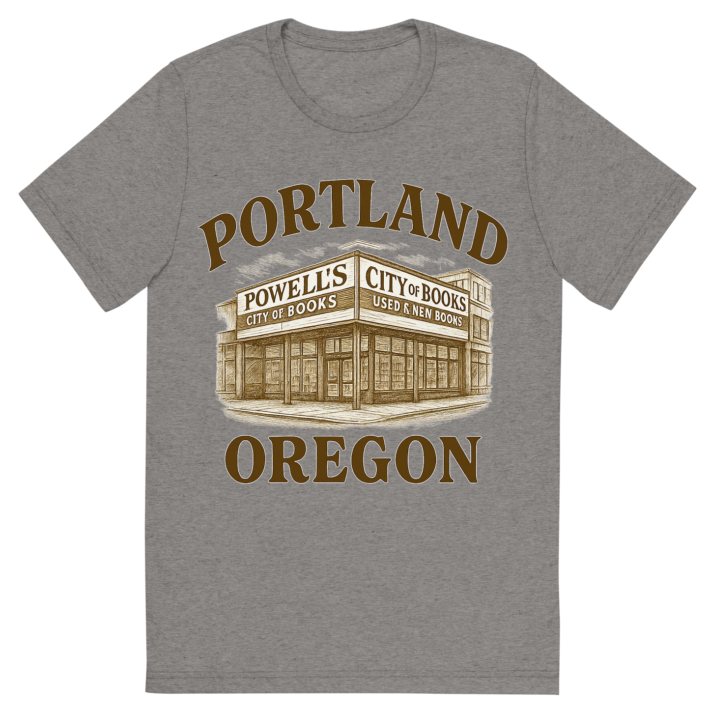 Front view of a Premium Tri-Blend Crew Neck T-Shirt in Grey showing 'A typographic, nostalgic graphic of a typographic illustration of the words 'portland, oregon' with a vintage line art drawing of powell’s city of books'