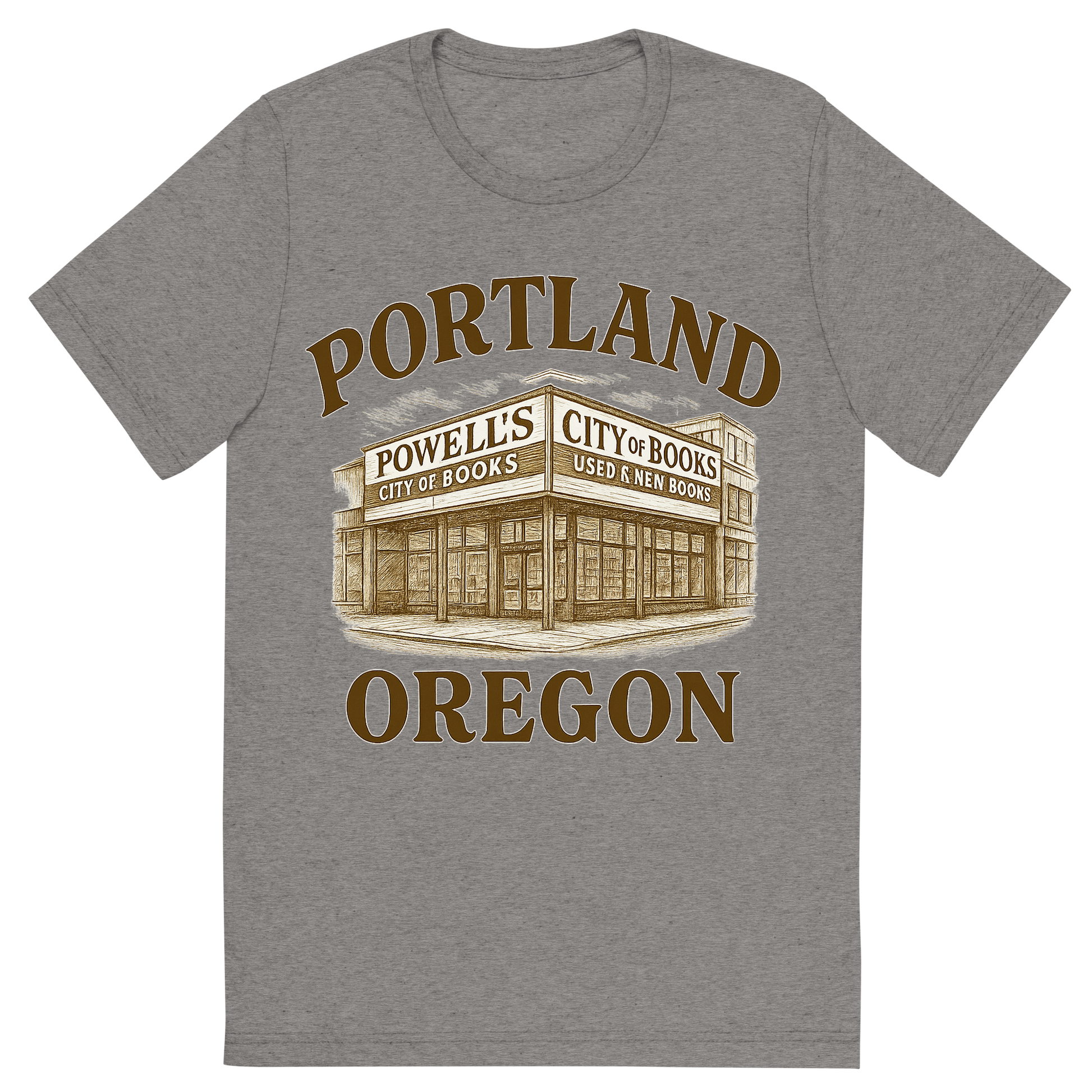 Front view of a Premium Tri-Blend Crew Neck T-Shirt in Grey showing 'A typographic, nostalgic graphic of a typographic illustration of the words 'portland, oregon' with a vintage line art drawing of powell’s city of books'