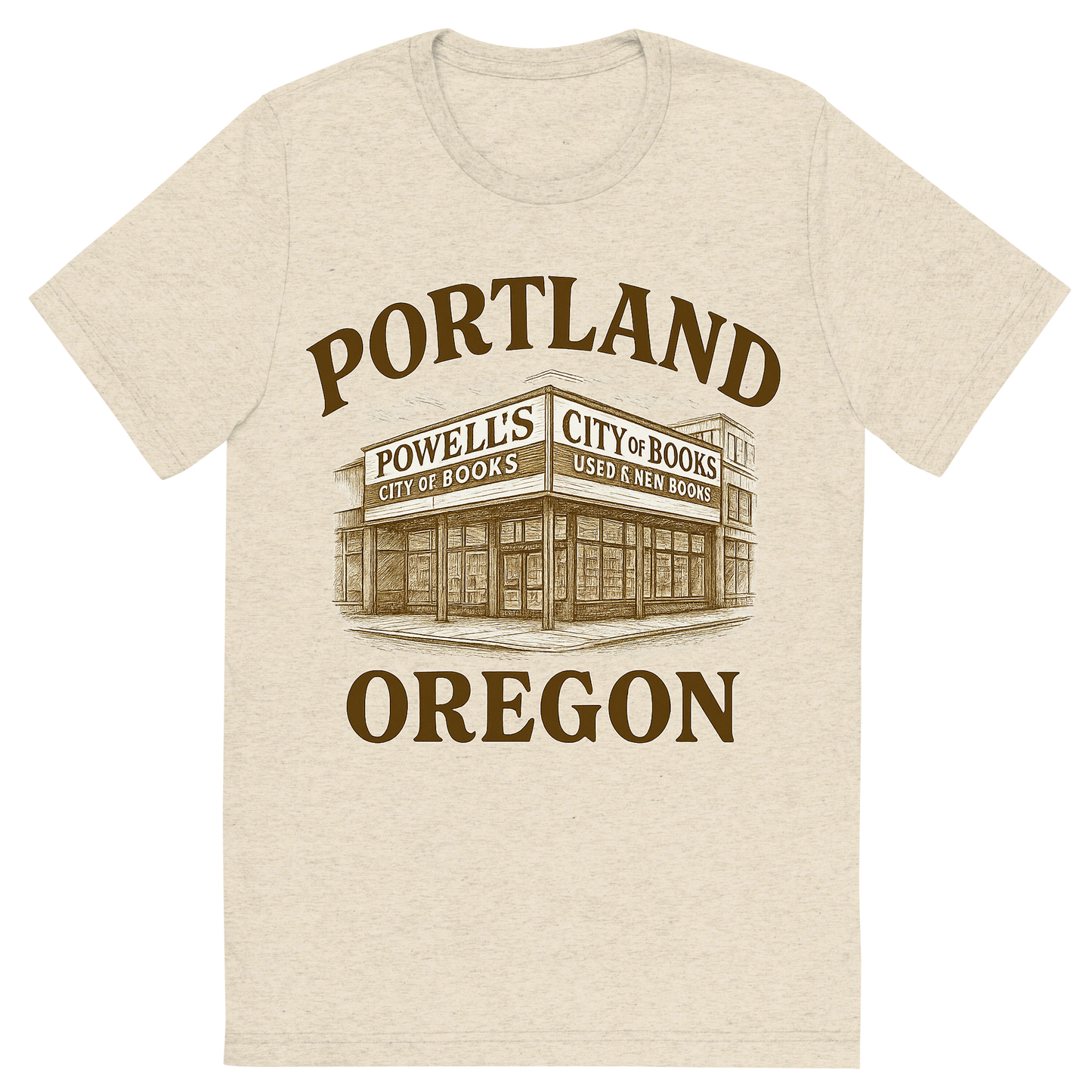 Front view of a Premium Tri-Blend Crew Neck T-Shirt in Oatmeal showing 'A typographic, nostalgic graphic of a typographic illustration of the words 'portland, oregon' with a vintage line art drawing of powell’s city of books'