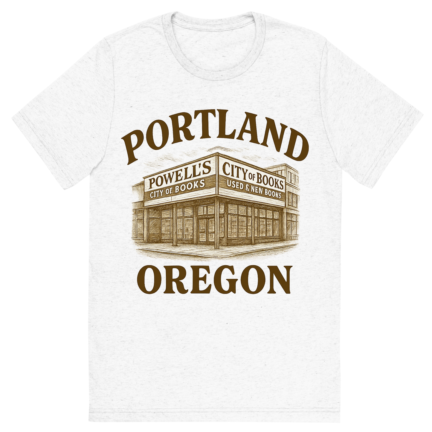 Front view of a Premium Tri-Blend Crew Neck T-Shirt in Solid White showing 'A typographic, nostalgic graphic of a typographic illustration of the words 'portland, oregon' with a vintage line art drawing of powell’s city of books'