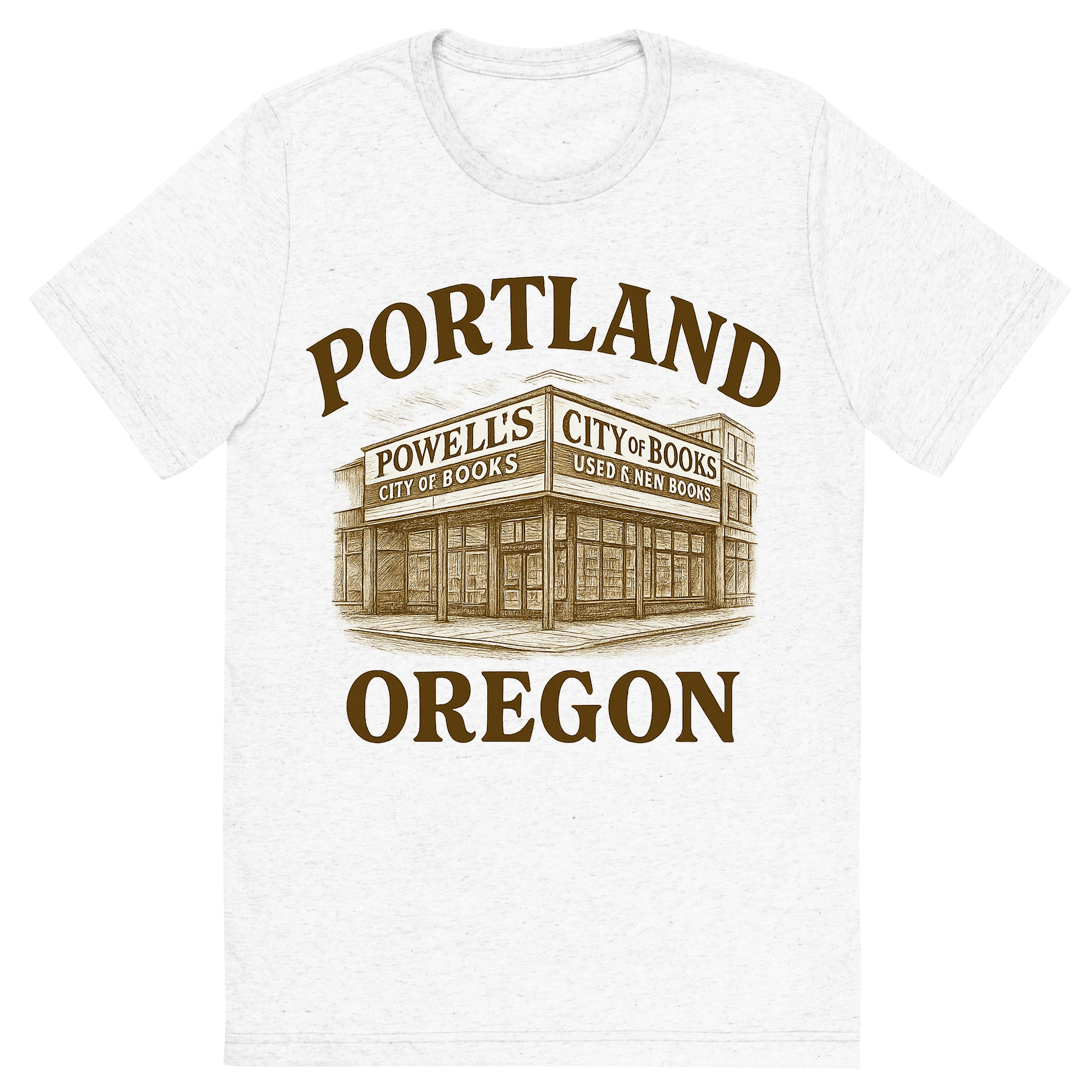 Front view of a Premium Tri-Blend Crew Neck T-Shirt in Solid White showing 'A typographic, nostalgic graphic of a typographic illustration of the words 'portland, oregon' with a vintage line art drawing of powell’s city of books'