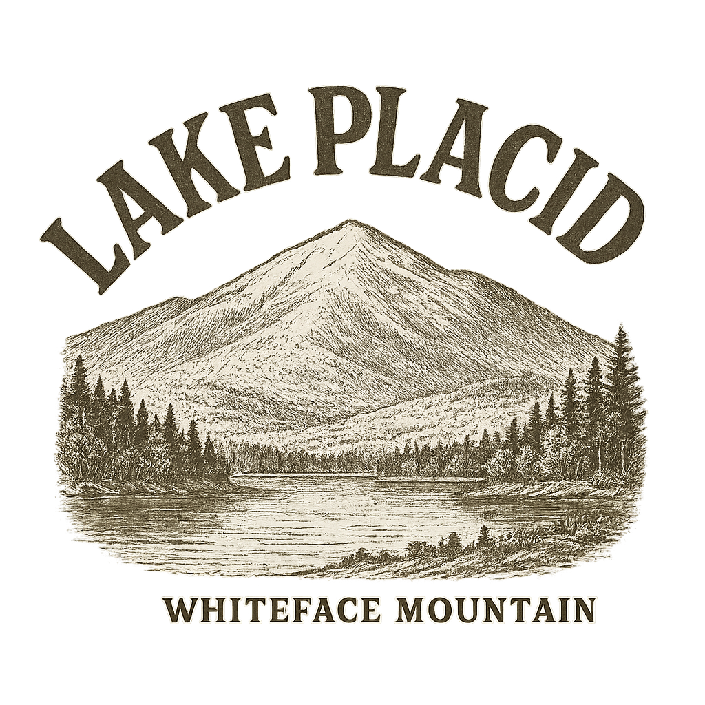 A typographic, nostalgic graphic of a typographic illustration of the words 'lake placid' with a vintage line art drawing of whiteface mountain – a t-shirt design