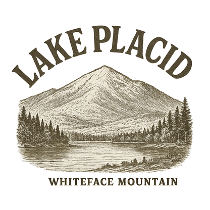 A typographic, nostalgic graphic of a typographic illustration of the words 'lake placid' with a vintage line art drawing of whiteface mountain – a t-shirt design