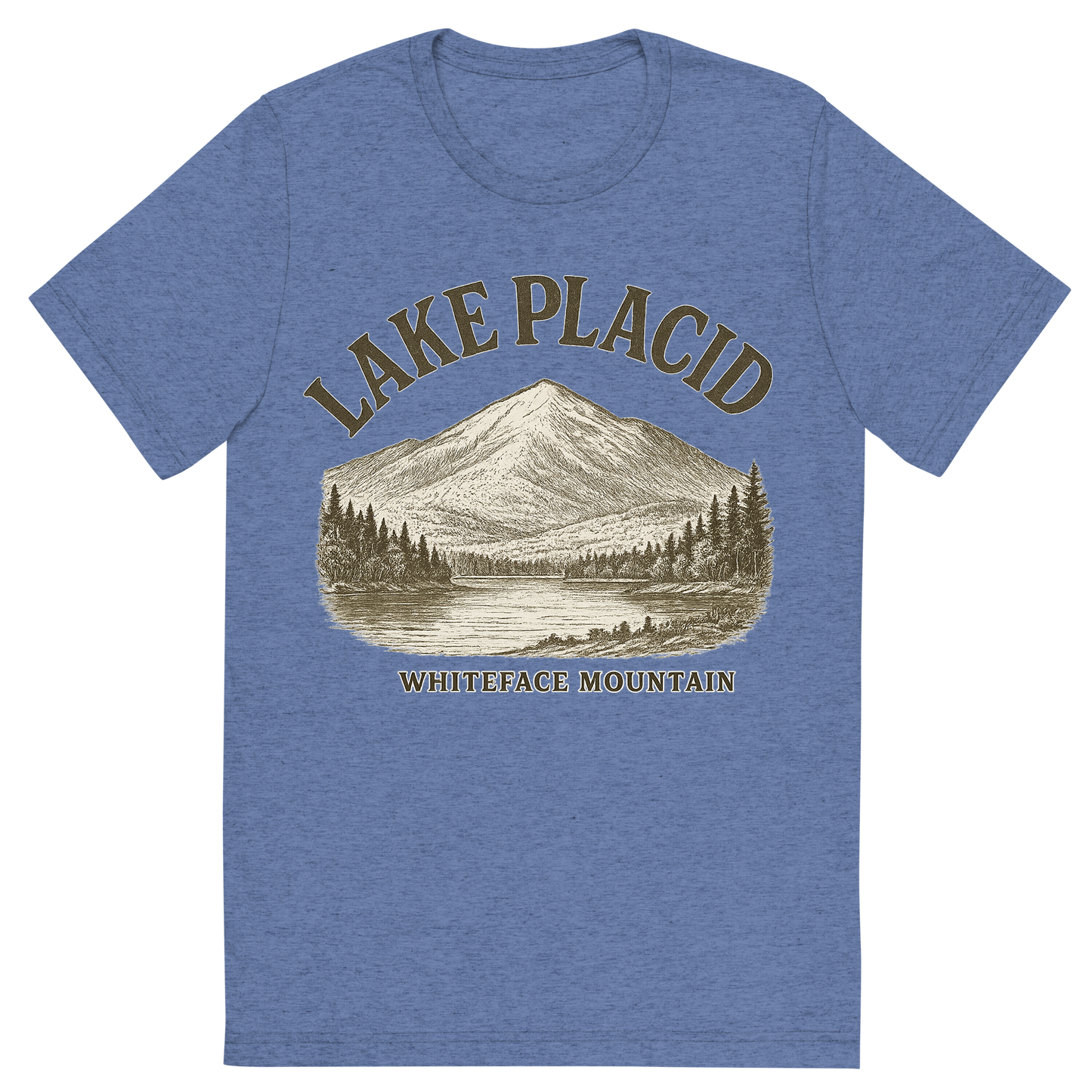 Front view of a Premium Tri-Blend Crew Neck T-Shirt in Blue showing 'A typographic, nostalgic graphic of a typographic illustration of the words 'lake placid' with a vintage line art drawing of whiteface mountain'