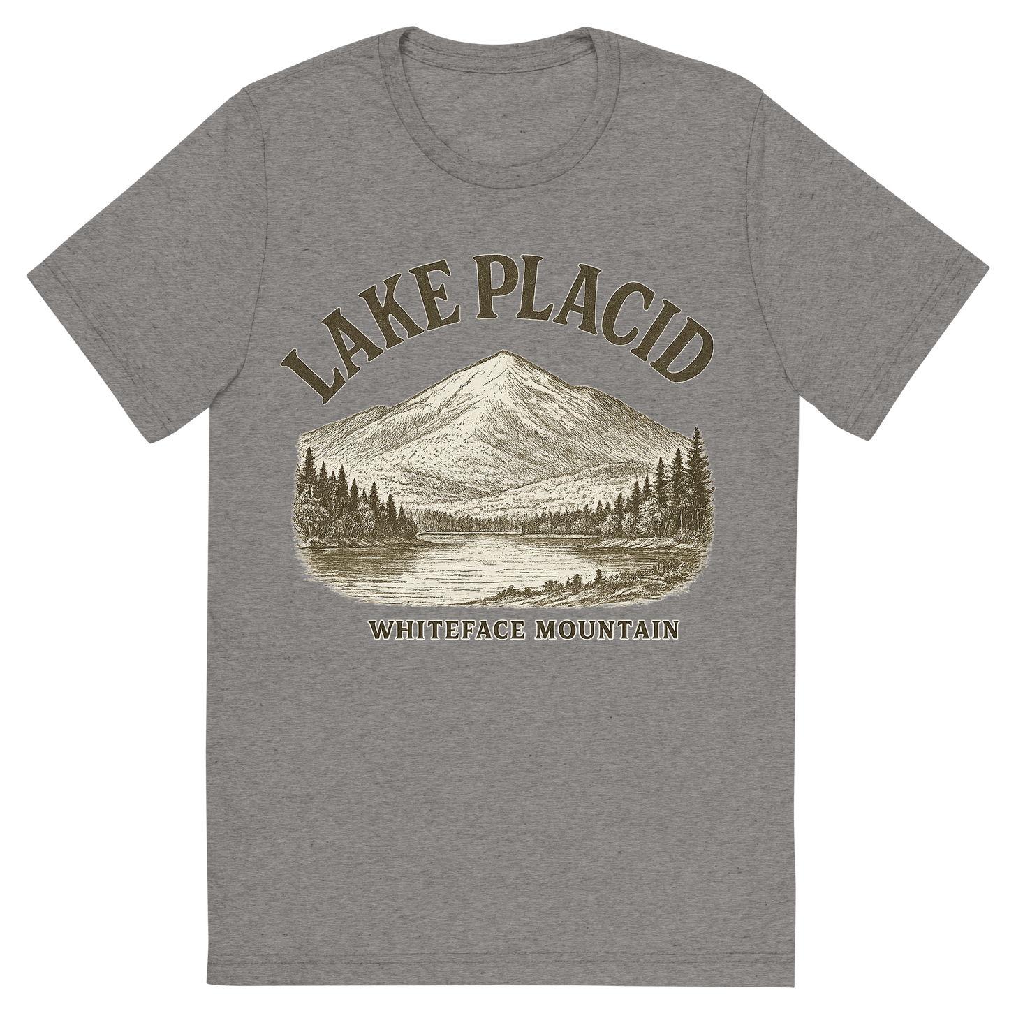 Front view of a Premium Tri-Blend Crew Neck T-Shirt in Grey showing 'A typographic, nostalgic graphic of a typographic illustration of the words 'lake placid' with a vintage line art drawing of whiteface mountain'