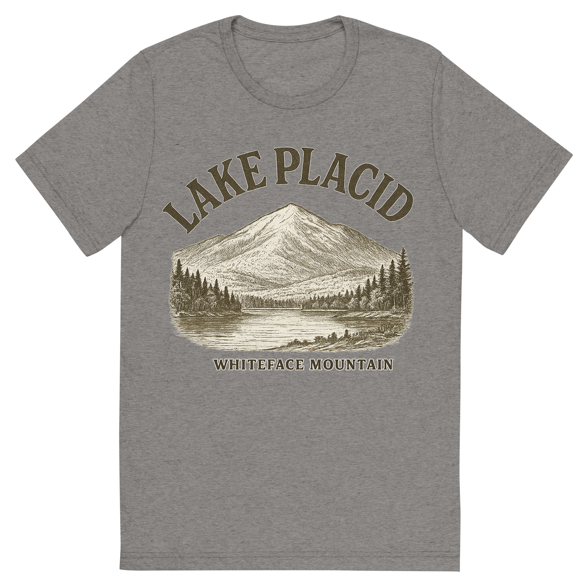 Front view of a Premium Tri-Blend Crew Neck T-Shirt in Grey showing 'A typographic, nostalgic graphic of a typographic illustration of the words 'lake placid' with a vintage line art drawing of whiteface mountain'