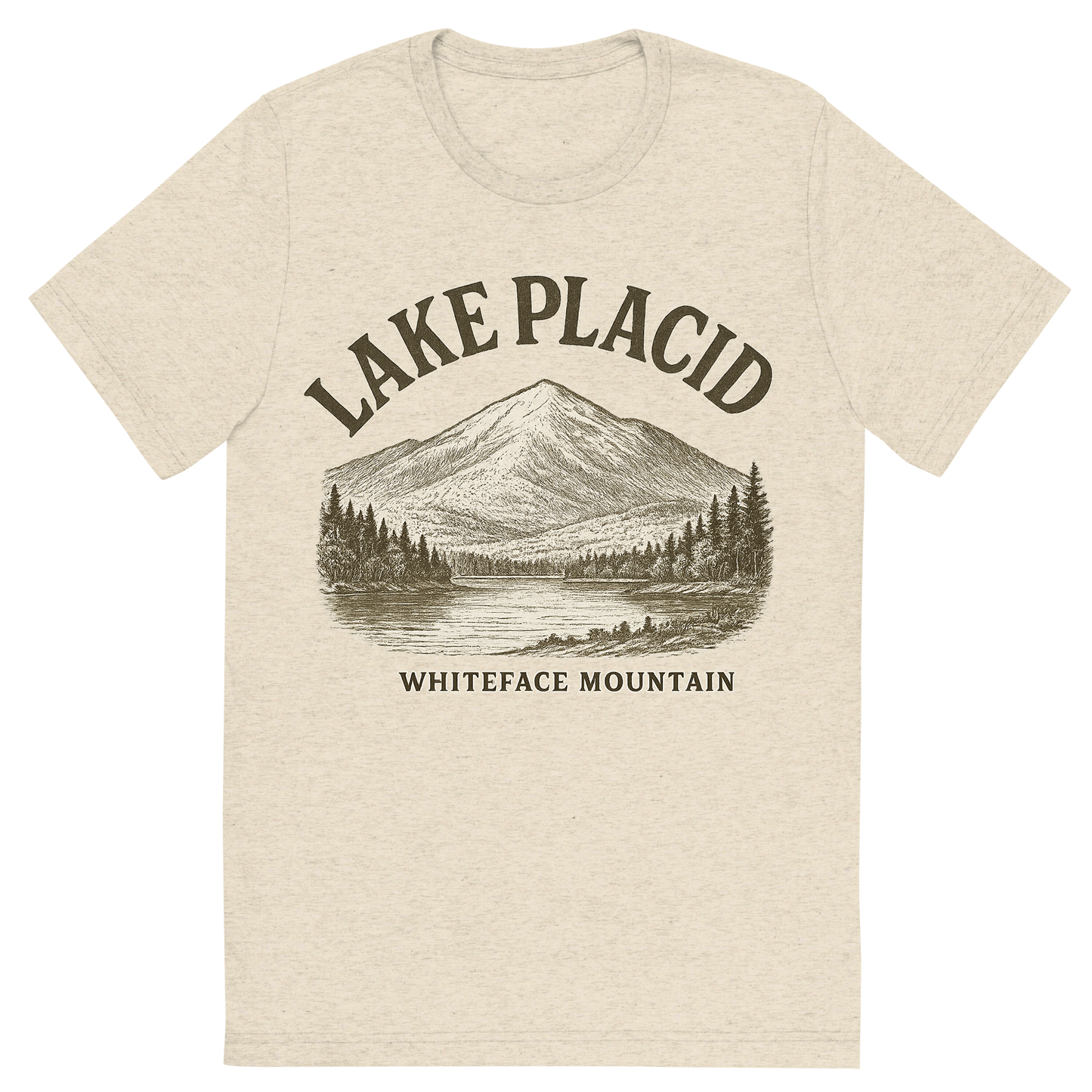 Front view of a Premium Tri-Blend Crew Neck T-Shirt in Oatmeal showing 'A typographic, nostalgic graphic of a typographic illustration of the words 'lake placid' with a vintage line art drawing of whiteface mountain'
