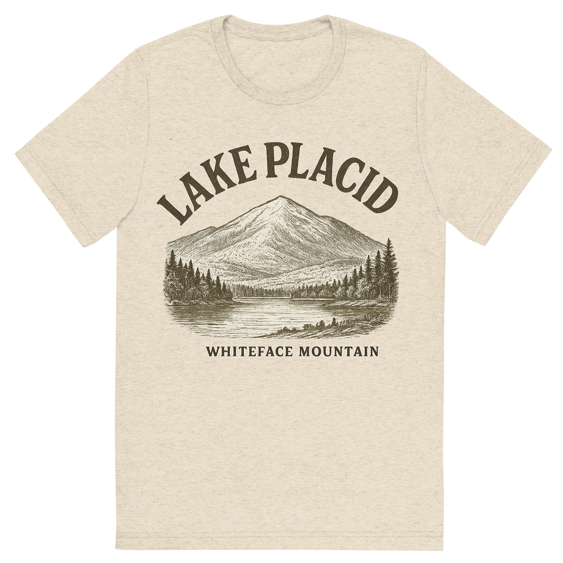 Front view of a Premium Tri-Blend Crew Neck T-Shirt in Oatmeal showing 'A typographic, nostalgic graphic of a typographic illustration of the words 'lake placid' with a vintage line art drawing of whiteface mountain'