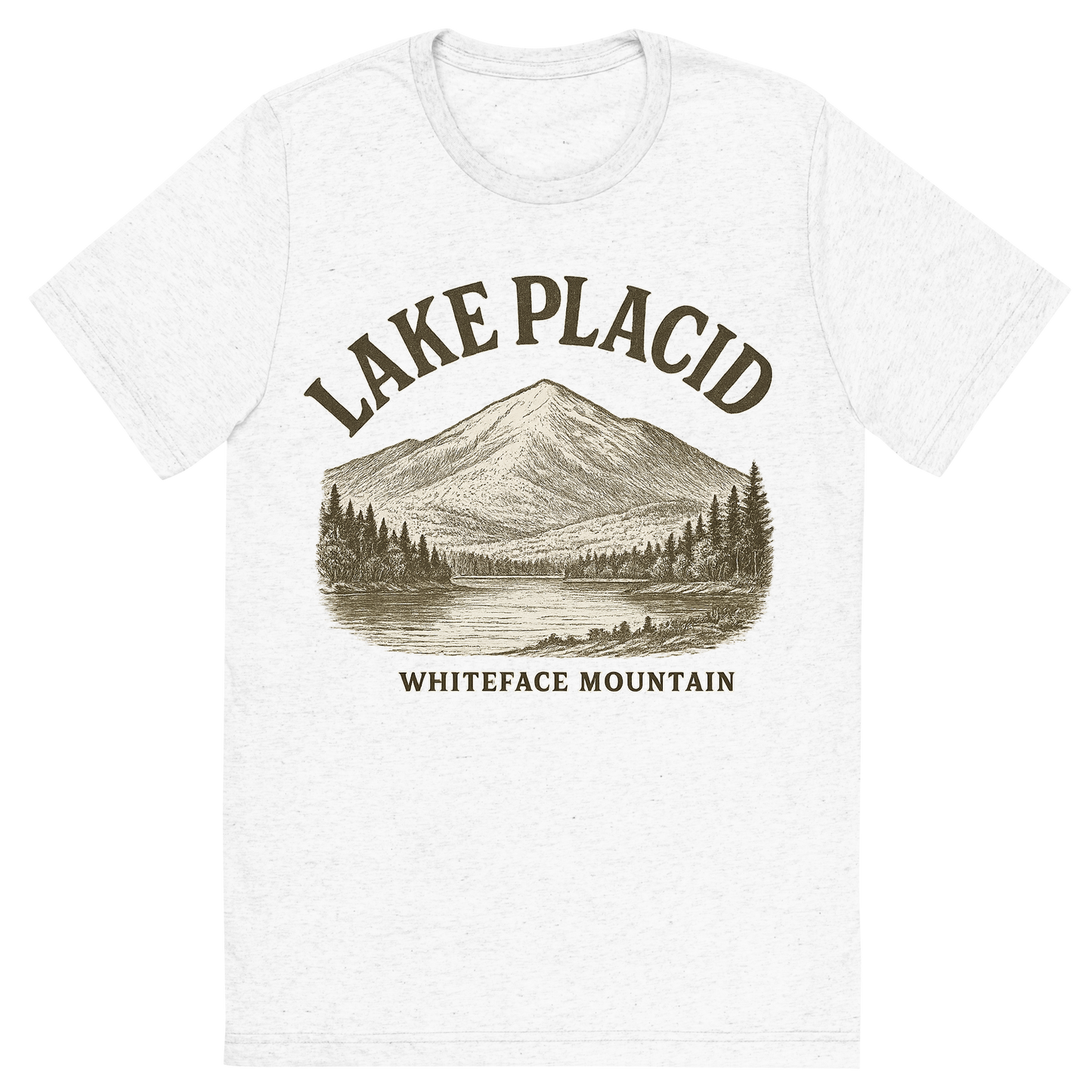 Front view of a Premium Tri-Blend Crew Neck T-Shirt in Solid White showing 'A typographic, nostalgic graphic of a typographic illustration of the words 'lake placid' with a vintage line art drawing of whiteface mountain'
