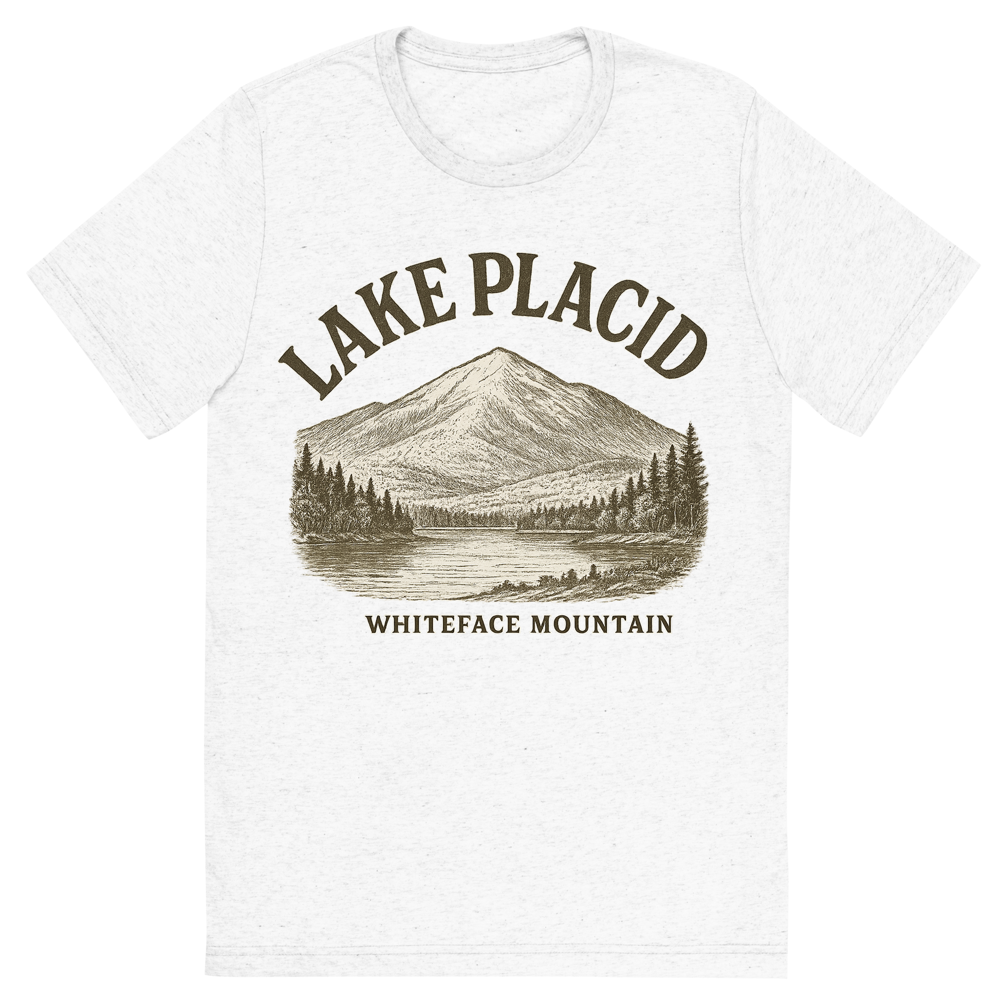 Front view of a Premium Tri-Blend Crew Neck T-Shirt in Solid White showing 'A typographic, nostalgic graphic of a typographic illustration of the words 'lake placid' with a vintage line art drawing of whiteface mountain'