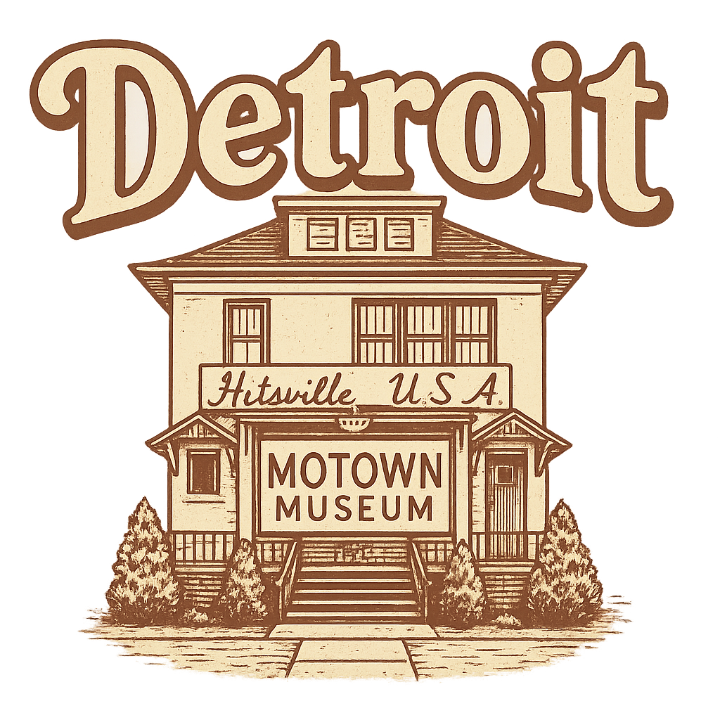 A typographic, nostalgic graphic of a typographic illustration of the words 'detroit' with a vintage line art drawing of the motown museum – a t-shirt design