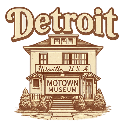 A typographic, nostalgic graphic of a typographic illustration of the words 'detroit' with a vintage line art drawing of the motown museum – a t-shirt design