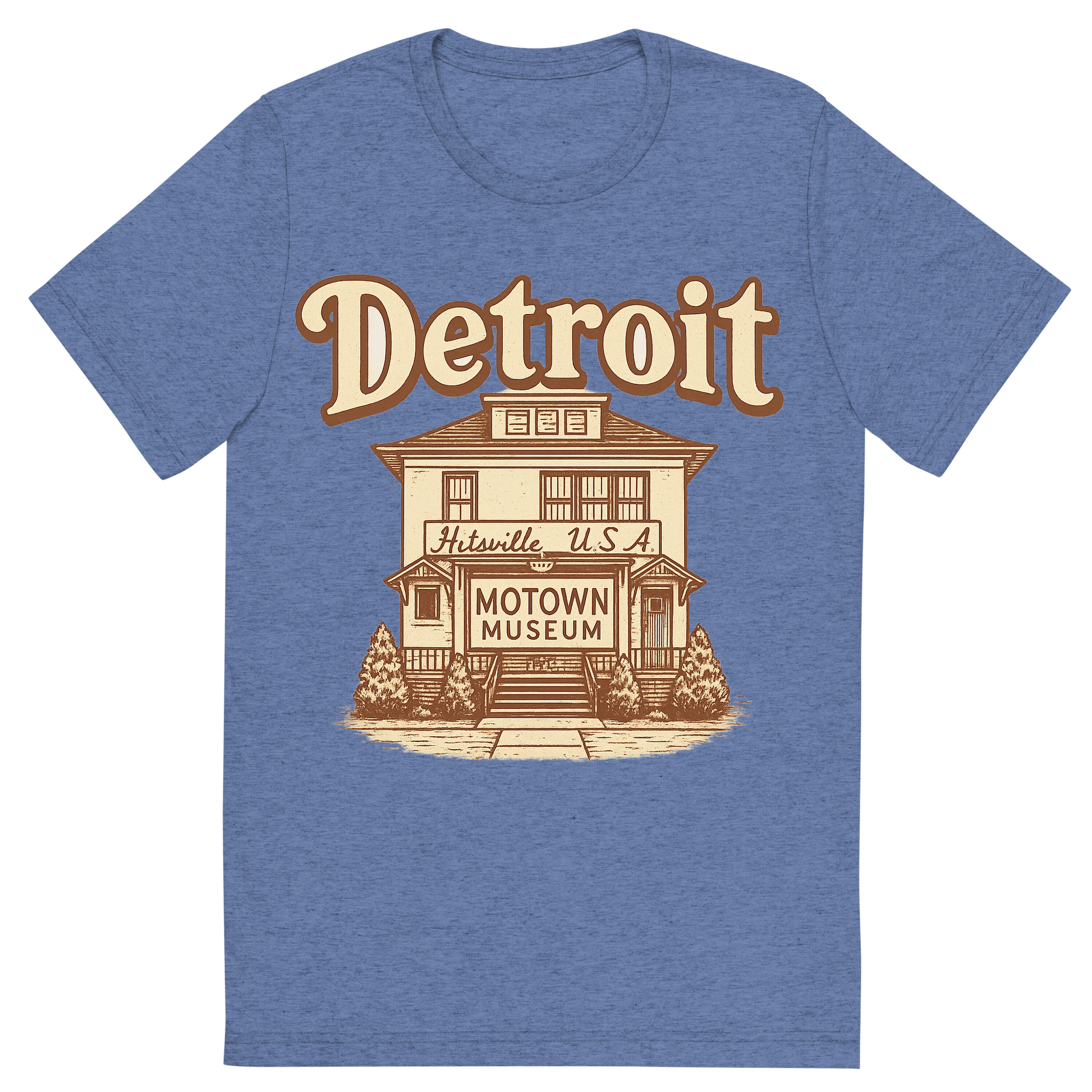 Front view of a Premium Tri-Blend Crew Neck T-Shirt in Blue showing 'A typographic, nostalgic graphic of a typographic illustration of the words 'detroit' with a vintage line art drawing of the motown museum'
