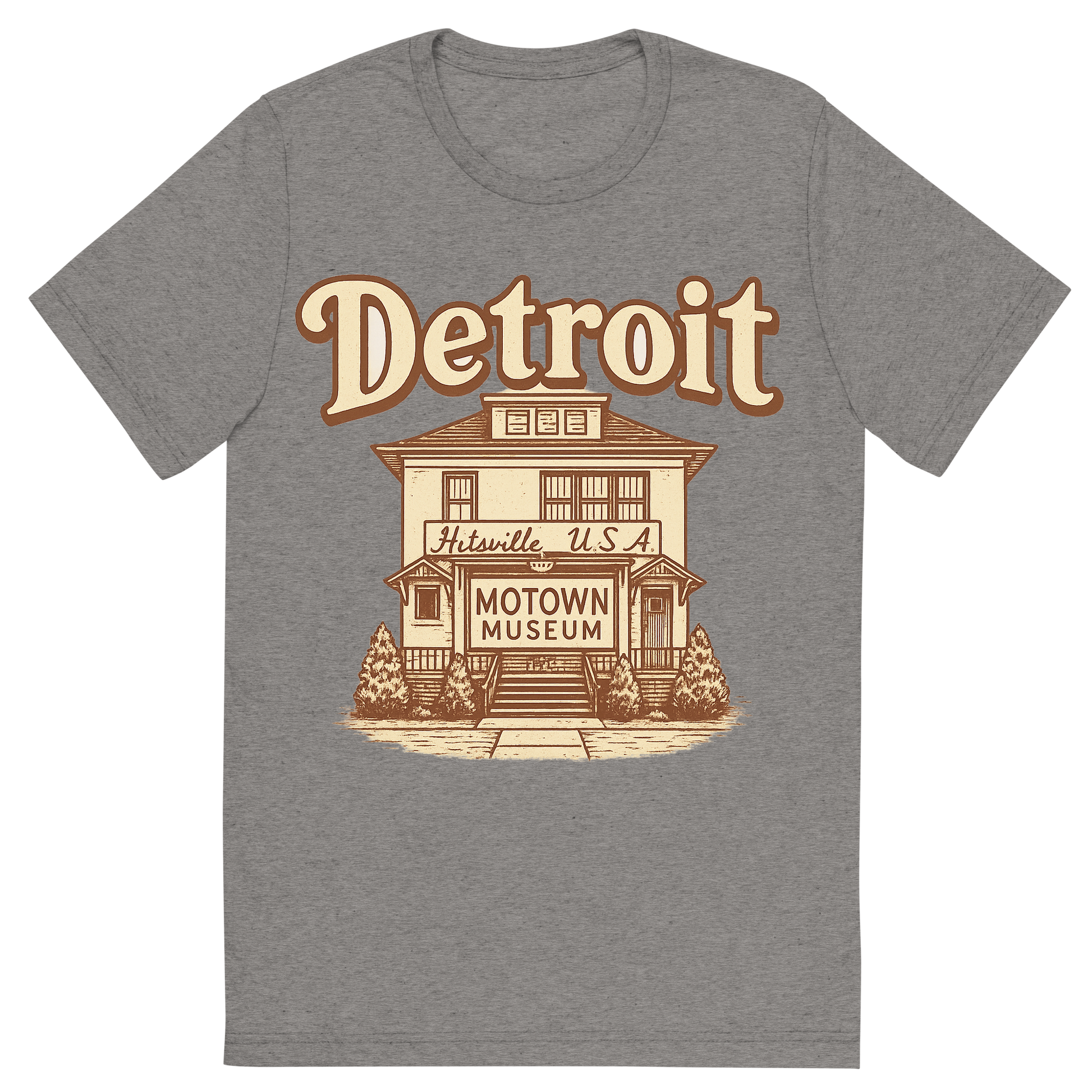 Front view of a Premium Tri-Blend Crew Neck T-Shirt in Grey showing 'A typographic, nostalgic graphic of a typographic illustration of the words 'detroit' with a vintage line art drawing of the motown museum'