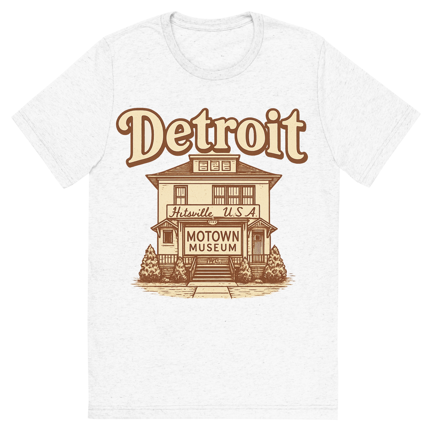 Front view of a Premium Tri-Blend Crew Neck T-Shirt in Solid White showing 'A typographic, nostalgic graphic of a typographic illustration of the words 'detroit' with a vintage line art drawing of the motown museum'