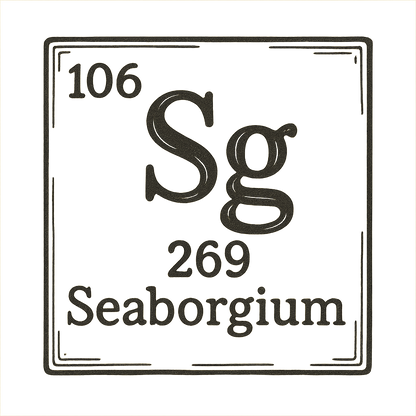 A line art, nostalgic graphic of seaborgium's entry on the periodic table, use a dark color for the lines and text – a t-shirt design