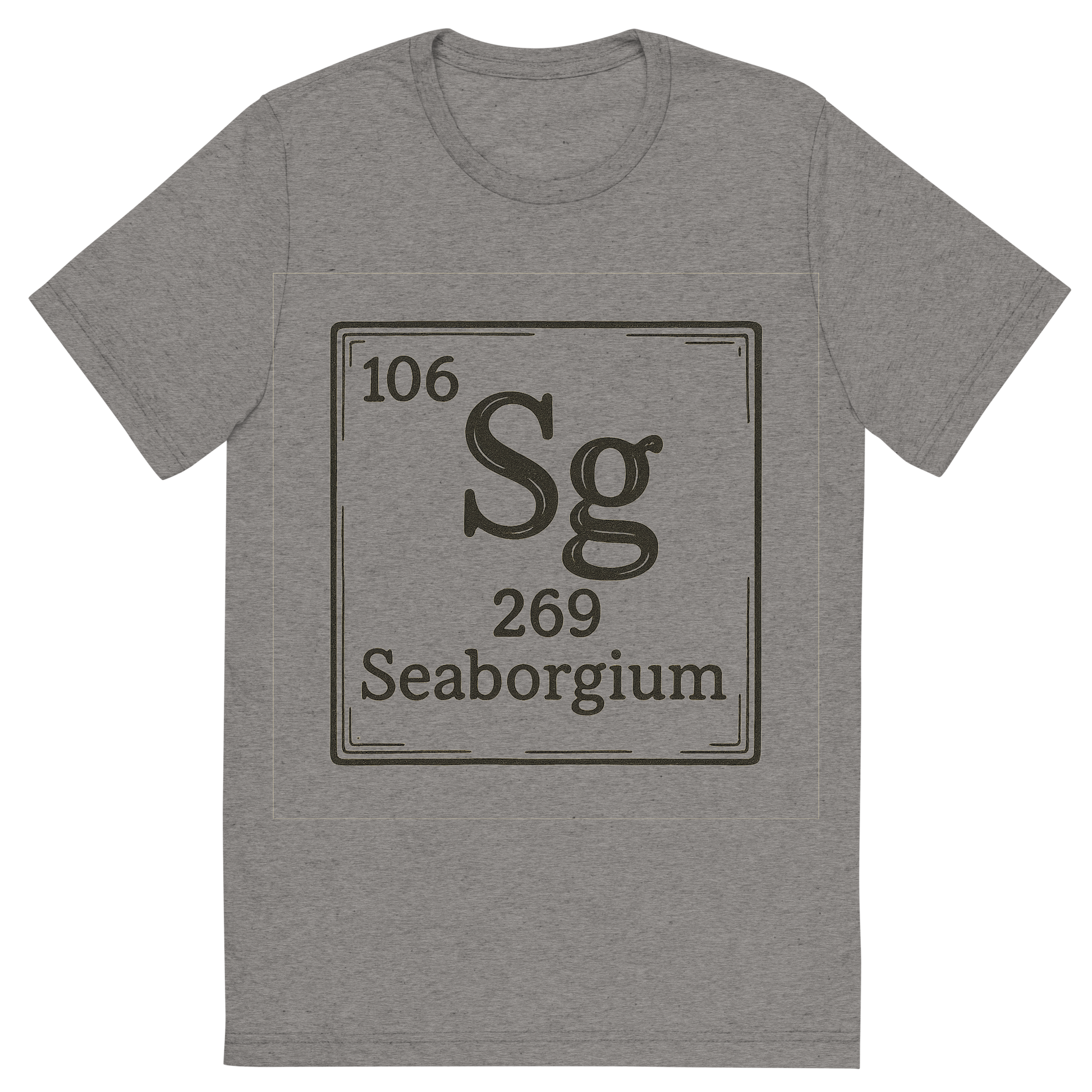 Front view of a Premium Tri-Blend Crew Neck T-Shirt in Grey showing 'A line art, nostalgic graphic of seaborgium's entry on the periodic table, use a dark color for the lines and text'