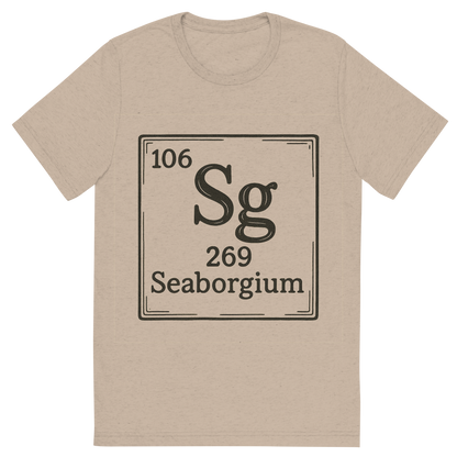 Front view of a Premium Tri-Blend Crew Neck T-Shirt in Tan showing 'A line art, nostalgic graphic of seaborgium's entry on the periodic table, use a dark color for the lines and text'