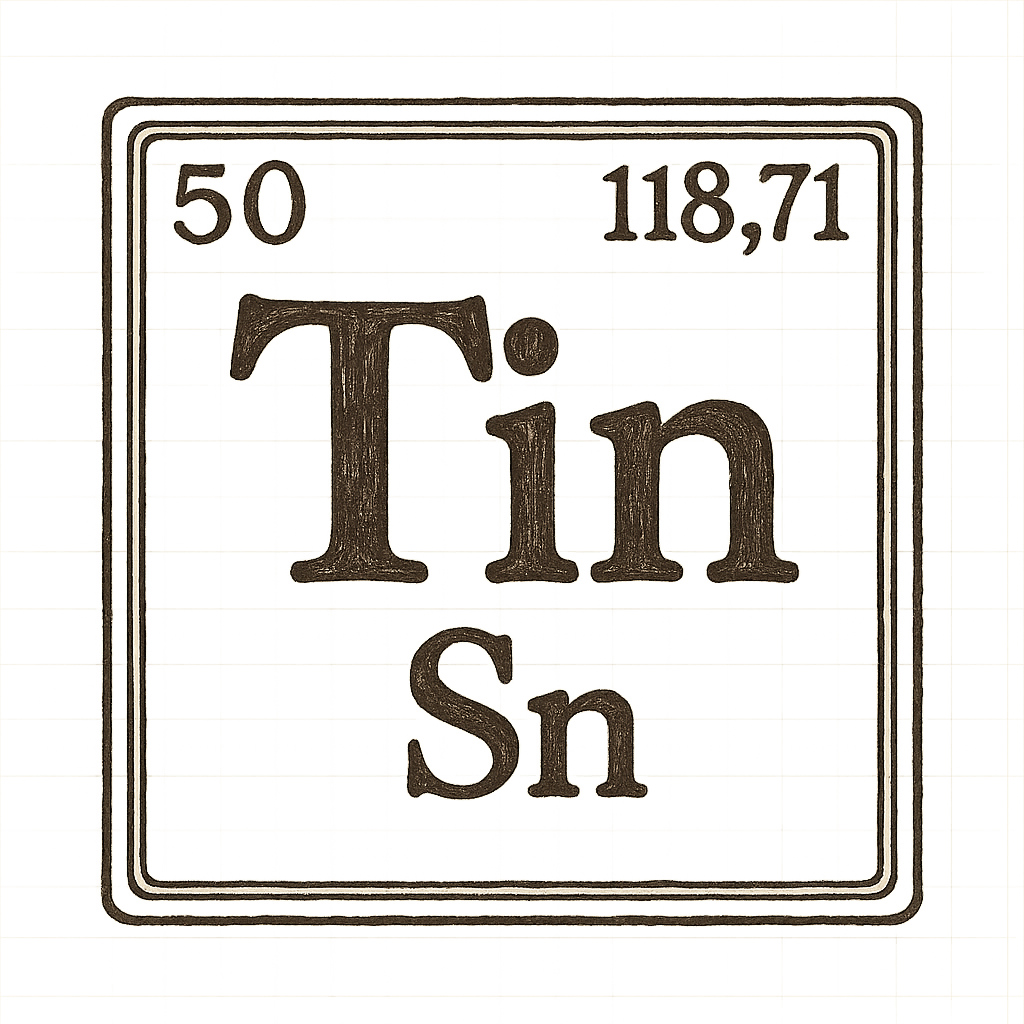 A line art, nostalgic graphic of tin's entry on the periodic table, use a dark color for the lines and text – a t-shirt design