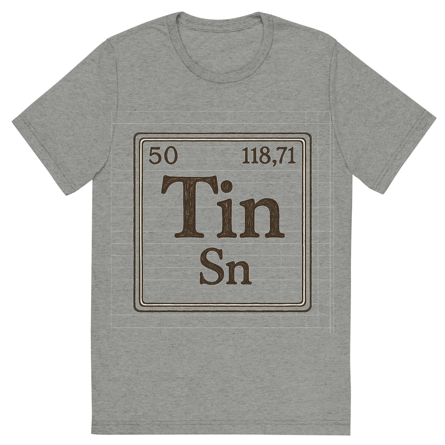 Front view of a Premium Tri-Blend Crew Neck T-Shirt in Athletic Grey showing 'A line art, nostalgic graphic of tin's entry on the periodic table, use a dark color for the lines and text'