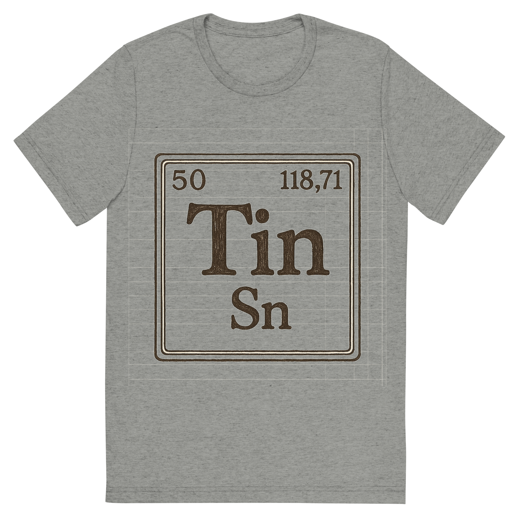 Front view of a Premium Tri-Blend Crew Neck T-Shirt in Athletic Grey showing 'A line art, nostalgic graphic of tin's entry on the periodic table, use a dark color for the lines and text'