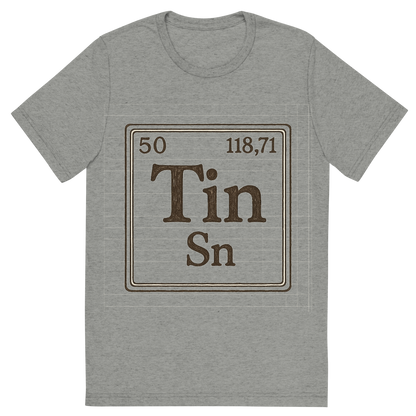 Front view of a Premium Tri-Blend Crew Neck T-Shirt in Athletic Grey showing 'A line art, nostalgic graphic of tin's entry on the periodic table, use a dark color for the lines and text'