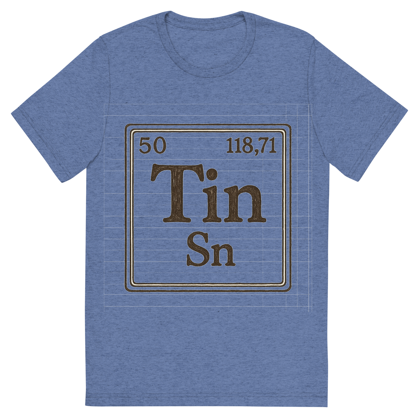 Front view of a Premium Tri-Blend Crew Neck T-Shirt in Blue showing 'A line art, nostalgic graphic of tin's entry on the periodic table, use a dark color for the lines and text'