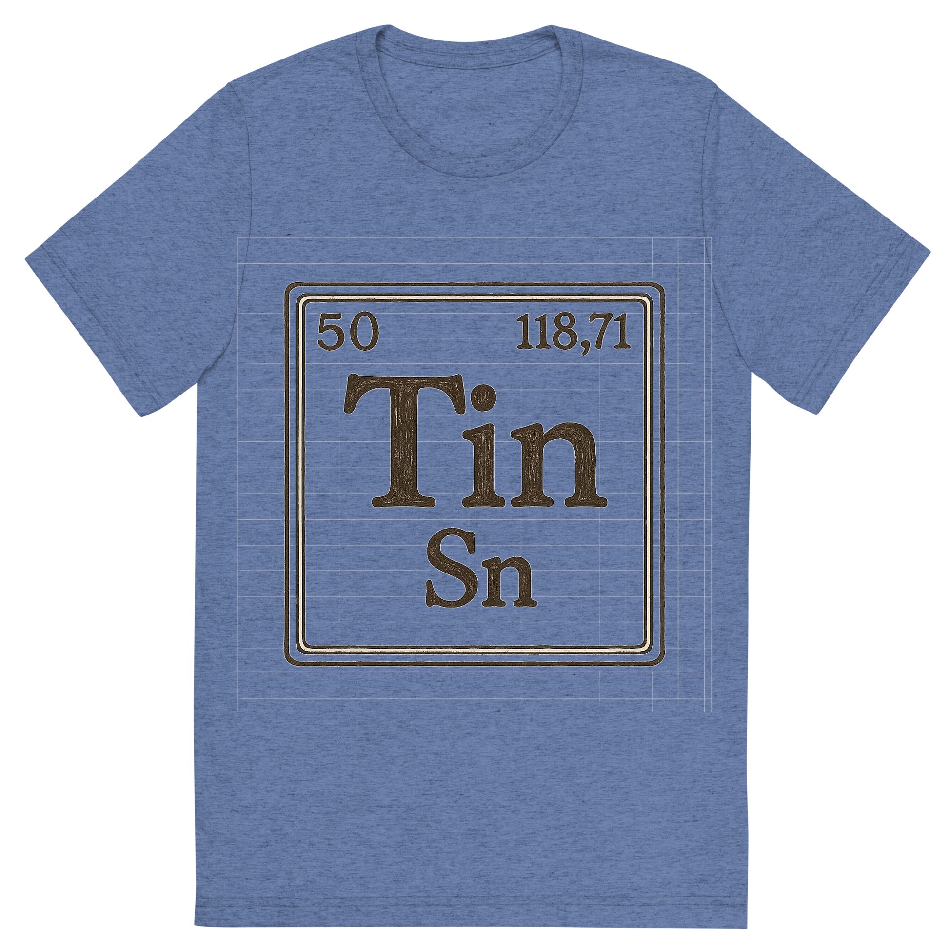 Front view of a Premium Tri-Blend Crew Neck T-Shirt in Blue showing 'A line art, nostalgic graphic of tin's entry on the periodic table, use a dark color for the lines and text'