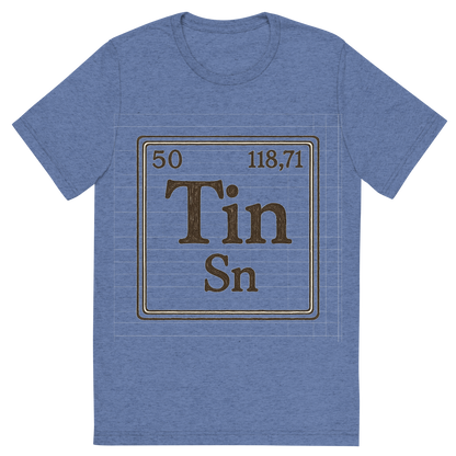 Front view of a Premium Tri-Blend Crew Neck T-Shirt in Blue showing 'A line art, nostalgic graphic of tin's entry on the periodic table, use a dark color for the lines and text'