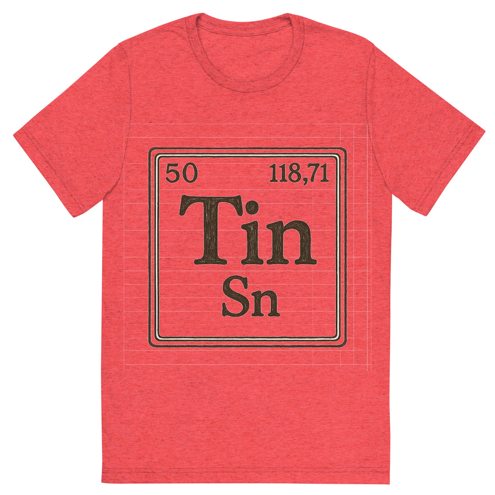 Front view of a Premium Tri-Blend Crew Neck T-Shirt in Red showing 'A line art, nostalgic graphic of tin's entry on the periodic table, use a dark color for the lines and text'