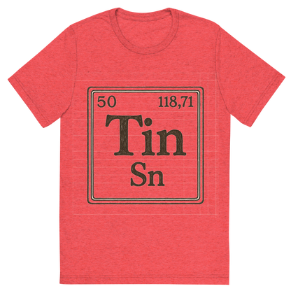 Front view of a Premium Tri-Blend Crew Neck T-Shirt in Red showing 'A line art, nostalgic graphic of tin's entry on the periodic table, use a dark color for the lines and text'