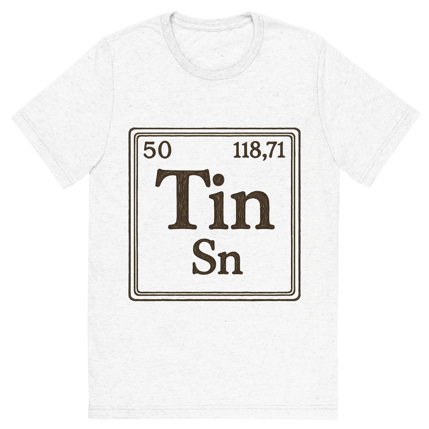 Front view of a Premium Tri-Blend Crew Neck T-Shirt in Solid White showing 'A line art, nostalgic graphic of tin's entry on the periodic table, use a dark color for the lines and text'