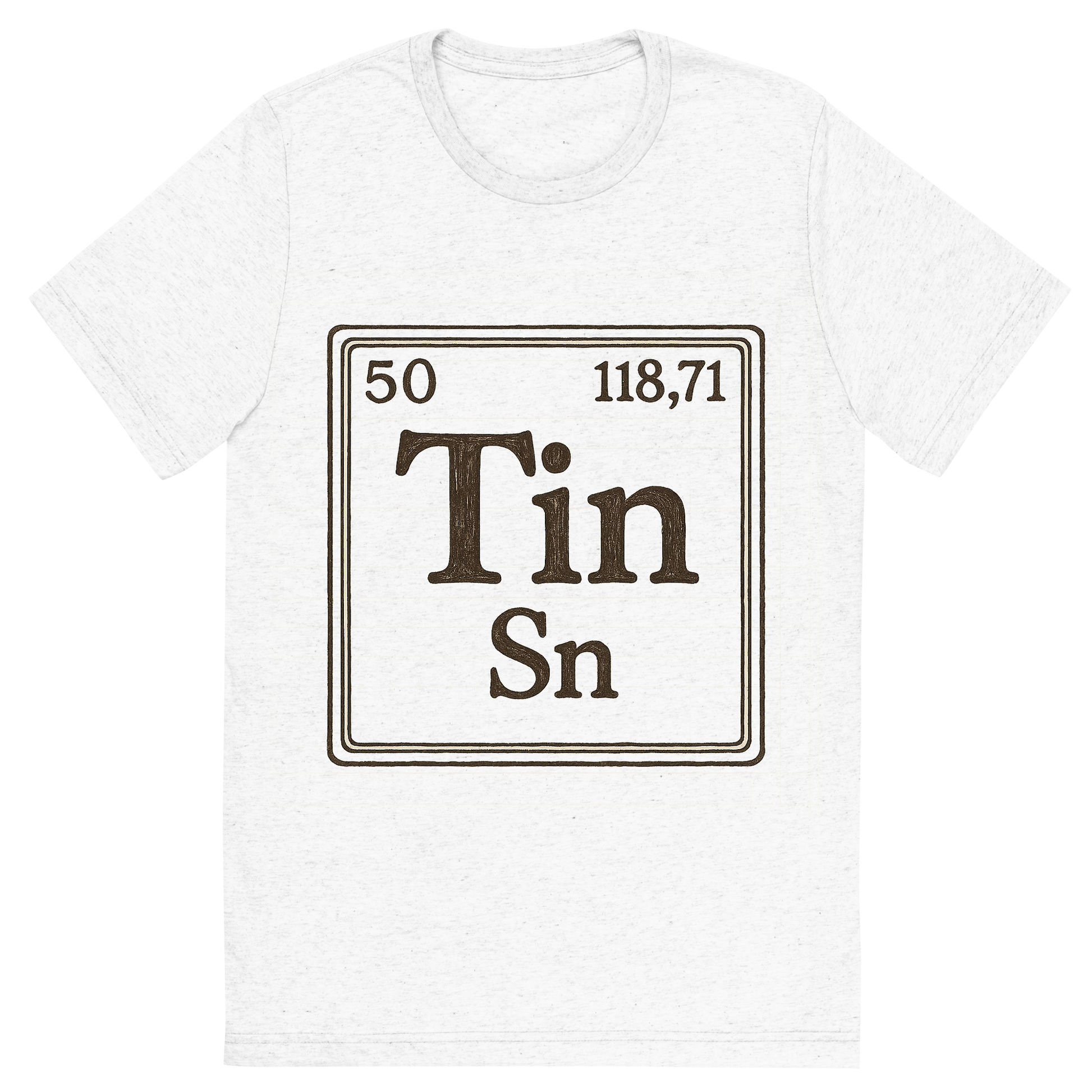 Front view of a Premium Tri-Blend Crew Neck T-Shirt in Solid White showing 'A line art, nostalgic graphic of tin's entry on the periodic table, use a dark color for the lines and text'