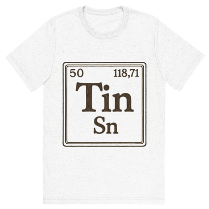 Front view of a Premium Tri-Blend Crew Neck T-Shirt in Solid White showing 'A line art, nostalgic graphic of tin's entry on the periodic table, use a dark color for the lines and text'