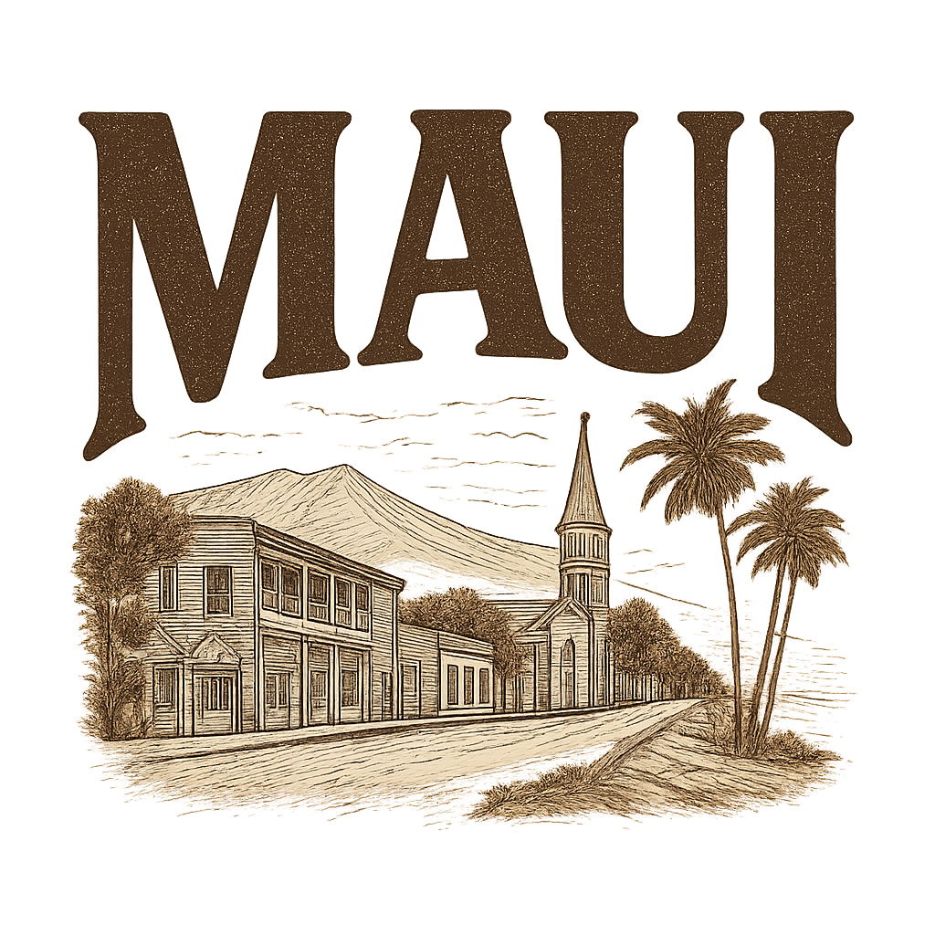 A typographic, nostalgic graphic of a typographic illustration of the words 'maui' with a vintage line art drawing of lahaina town – a t-shirt design