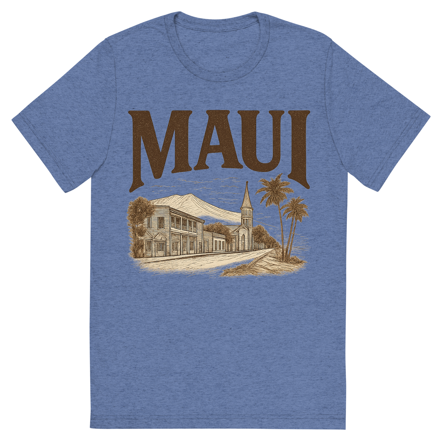 Front view of a Premium Tri-Blend Crew Neck T-Shirt in Blue showing 'A typographic, nostalgic graphic of a typographic illustration of the words 'maui' with a vintage line art drawing of lahaina town'