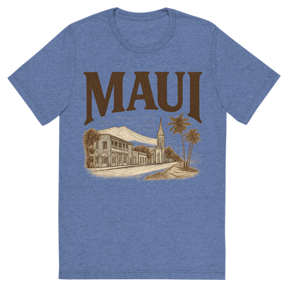Front view of a Premium Tri-Blend Crew Neck T-Shirt in Blue showing 'A typographic, nostalgic graphic of a typographic illustration of the words 'maui' with a vintage line art drawing of lahaina town'