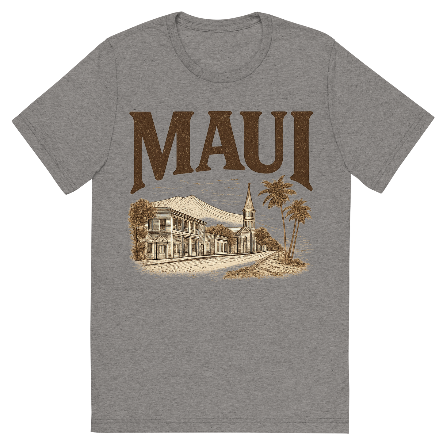 Front view of a Premium Tri-Blend Crew Neck T-Shirt in Grey showing 'A typographic, nostalgic graphic of a typographic illustration of the words 'maui' with a vintage line art drawing of lahaina town'