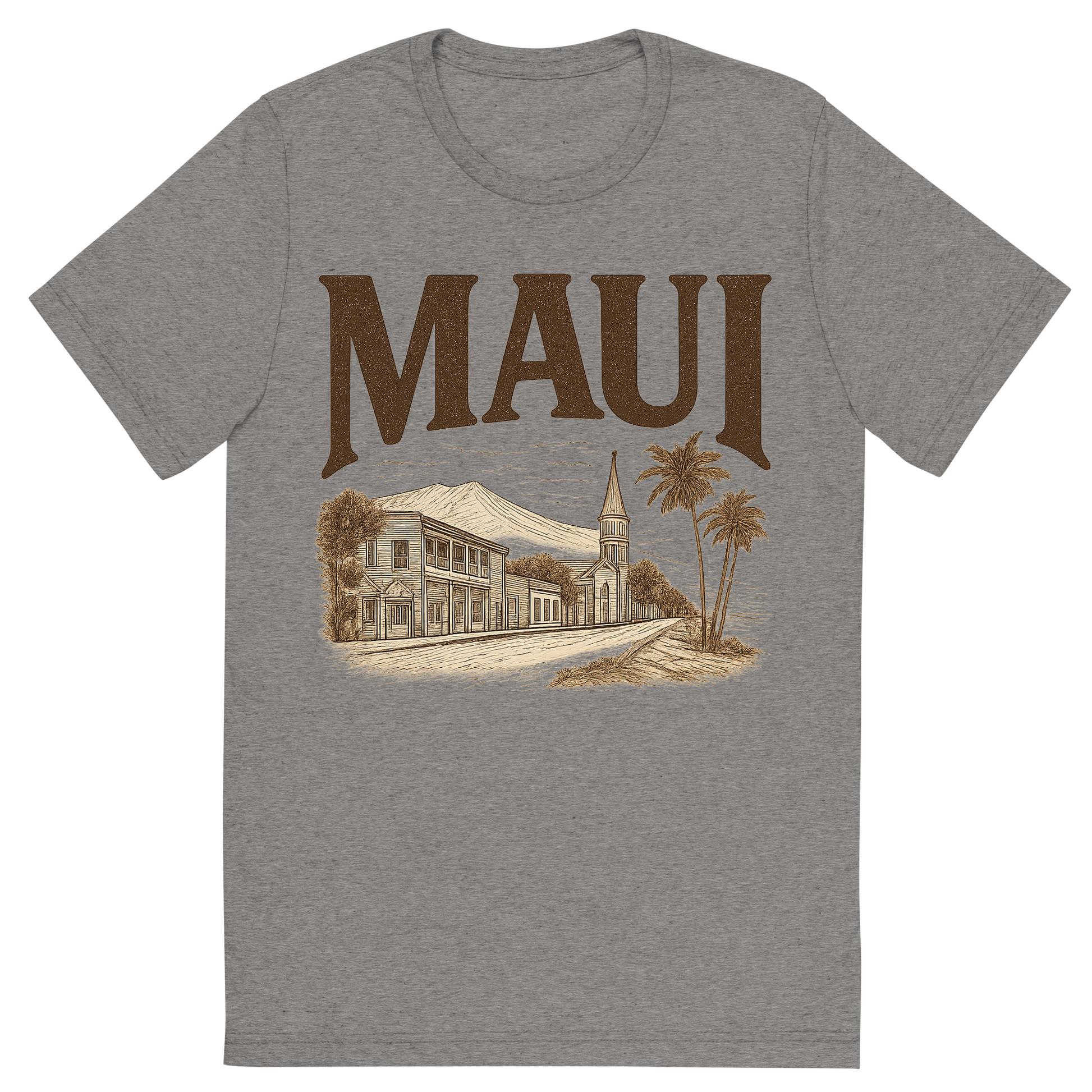 Front view of a Premium Tri-Blend Crew Neck T-Shirt in Grey showing 'A typographic, nostalgic graphic of a typographic illustration of the words 'maui' with a vintage line art drawing of lahaina town'