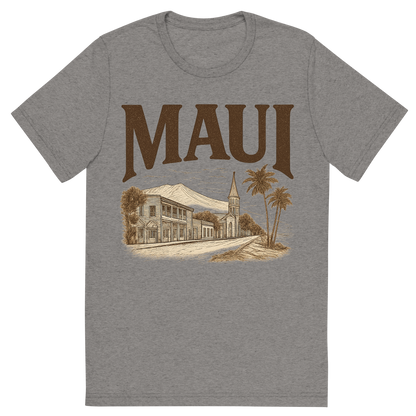 Front view of a Premium Tri-Blend Crew Neck T-Shirt in Grey showing 'A typographic, nostalgic graphic of a typographic illustration of the words 'maui' with a vintage line art drawing of lahaina town'