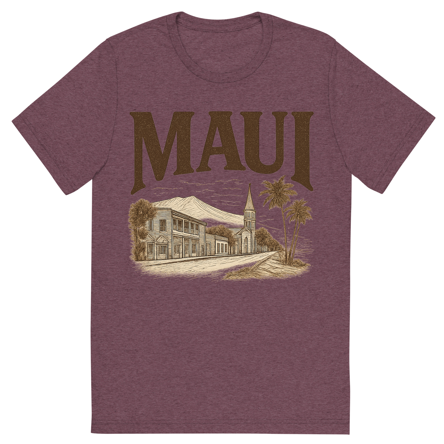 Front view of a Premium Tri-Blend Crew Neck T-Shirt in Maroon showing 'A typographic, nostalgic graphic of a typographic illustration of the words 'maui' with a vintage line art drawing of lahaina town'