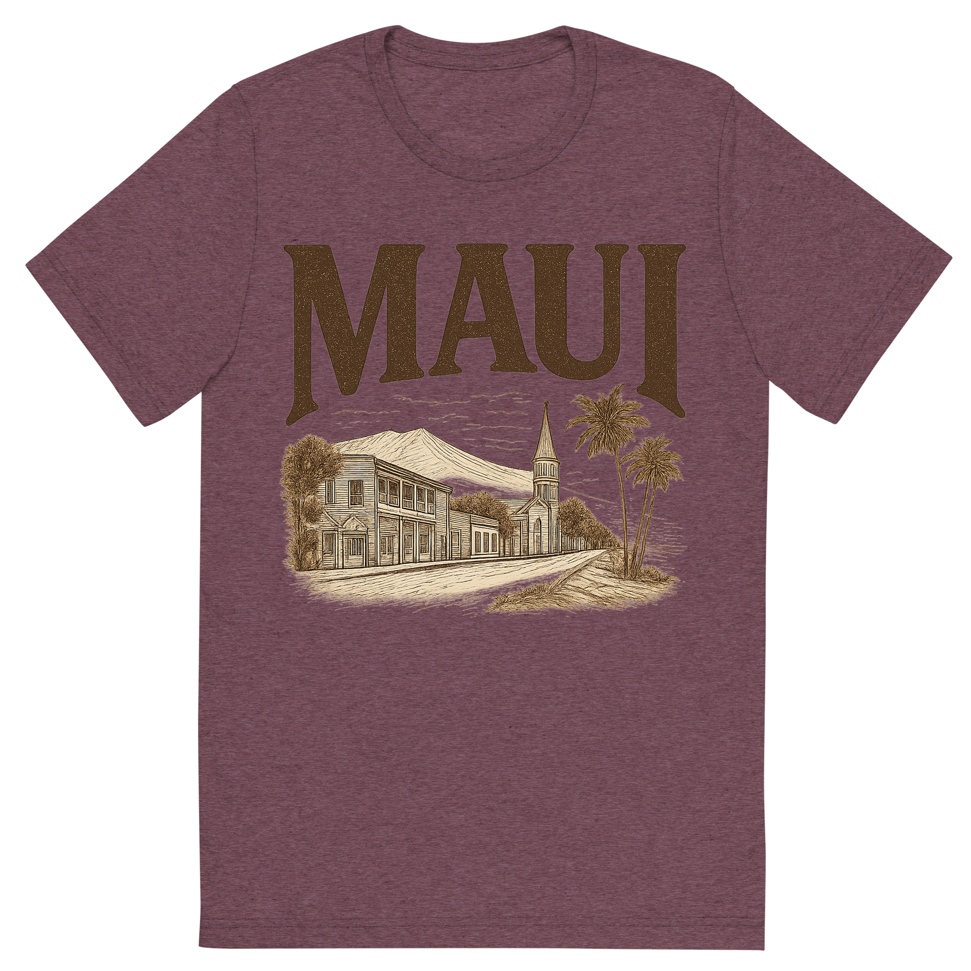 Front view of a Premium Tri-Blend Crew Neck T-Shirt in Maroon showing 'A typographic, nostalgic graphic of a typographic illustration of the words 'maui' with a vintage line art drawing of lahaina town'