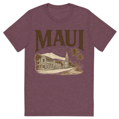 Front view of a Premium Tri-Blend Crew Neck T-Shirt in Maroon showing 'A typographic, nostalgic graphic of a typographic illustration of the words 'maui' with a vintage line art drawing of lahaina town'