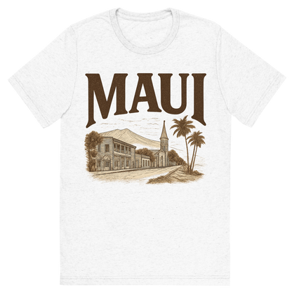 Front view of a Premium Tri-Blend Crew Neck T-Shirt in Solid White showing 'A typographic, nostalgic graphic of a typographic illustration of the words 'maui' with a vintage line art drawing of lahaina town'