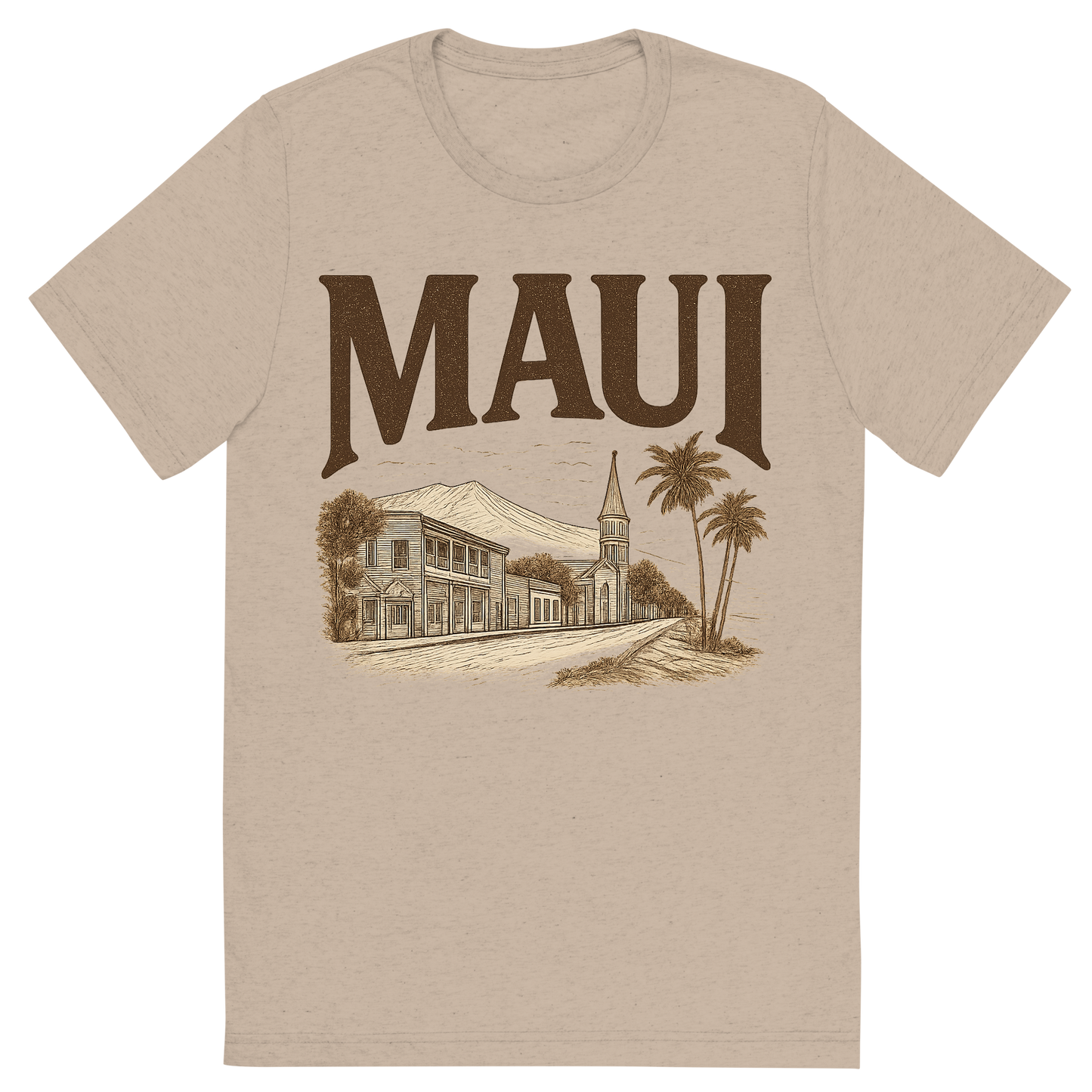 Front view of a Premium Tri-Blend Crew Neck T-Shirt in Tan showing 'A typographic, nostalgic graphic of a typographic illustration of the words 'maui' with a vintage line art drawing of lahaina town'
