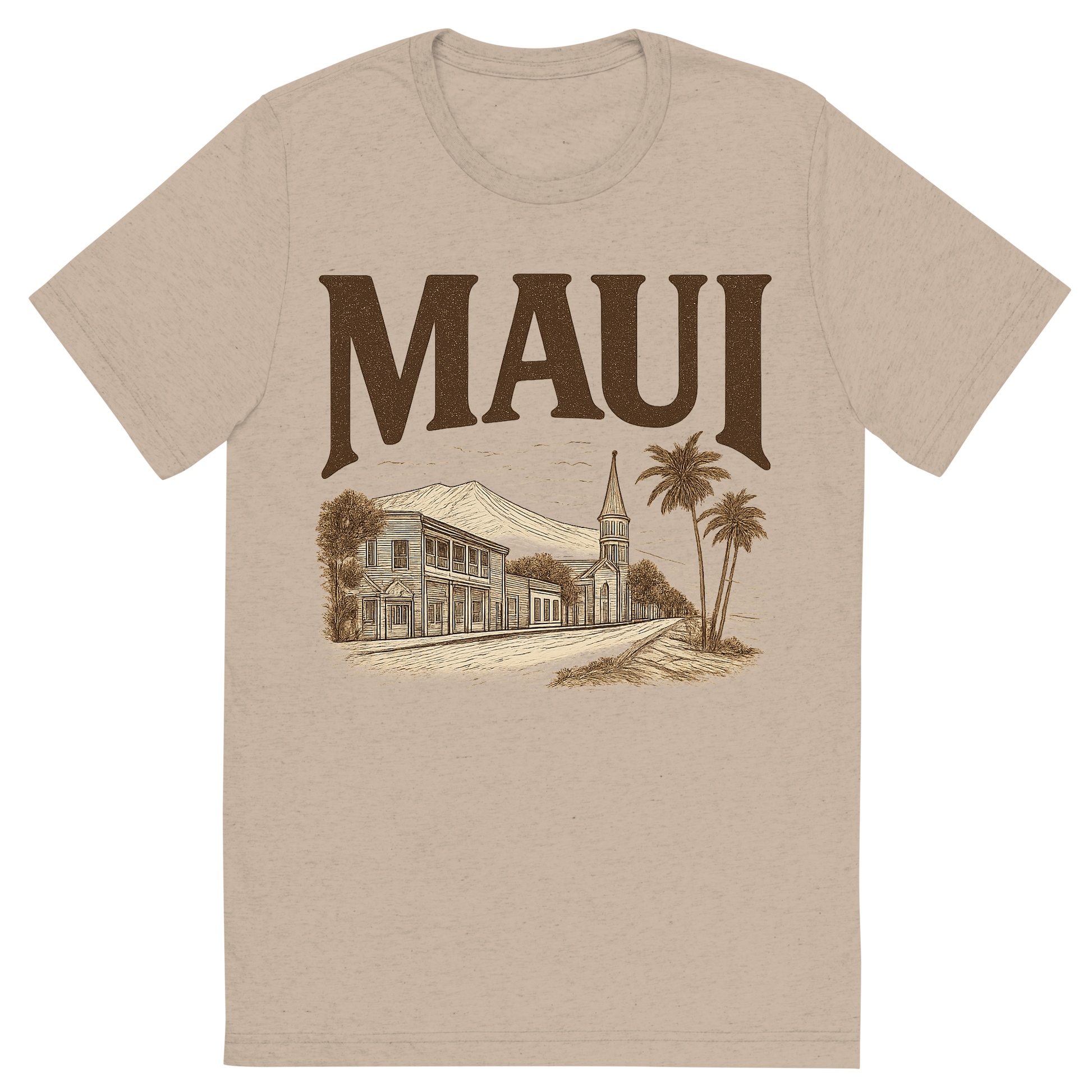 Front view of a Premium Tri-Blend Crew Neck T-Shirt in Tan showing 'A typographic, nostalgic graphic of a typographic illustration of the words 'maui' with a vintage line art drawing of lahaina town'