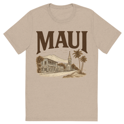 Front view of a Premium Tri-Blend Crew Neck T-Shirt in Tan showing 'A typographic, nostalgic graphic of a typographic illustration of the words 'maui' with a vintage line art drawing of lahaina town'
